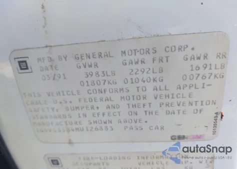 1991 Cadillac Allante z USA, uszkodzony, nr VIN 1G6VS3384MU126883